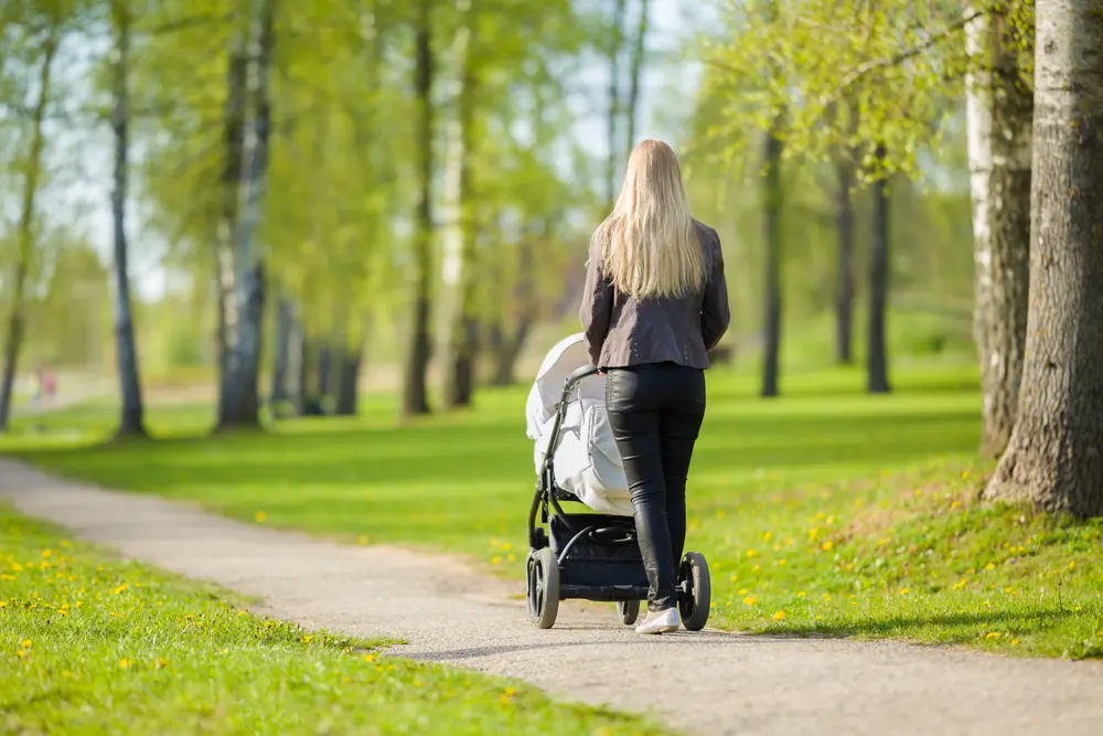 Image of mom walking pram in park alone, dealing with family problems and walking away